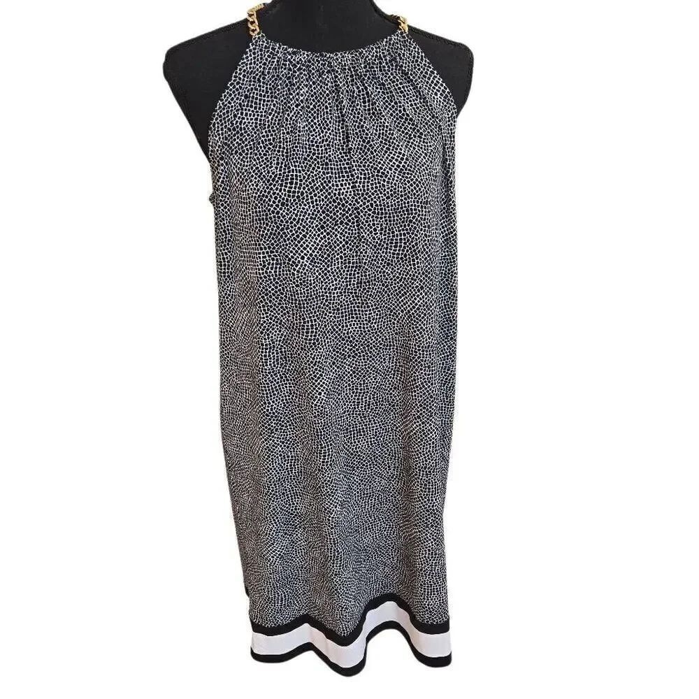 MICHAEL Michael Kors Womens PrintedβGold Chain Halter Dress Navy White Sz Medium